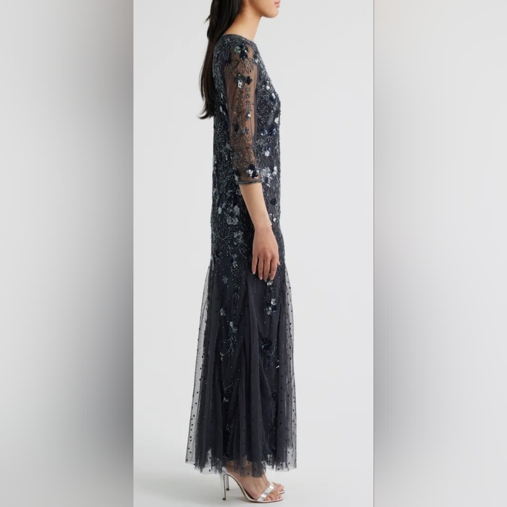 Size 6 -Pisarro Nights Elegant Beaded Gloral Embellished Grey Evening Gown Dress - Picture 3 of 9